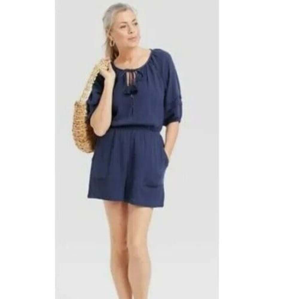 KNOX ROSE Women Gauze Short Sleeve Romper Sz M Blue Summer Spring Beach 82-9